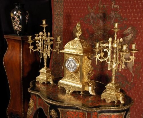 Superb Large Brass Clock Set ~ French - Circa 1870 ~